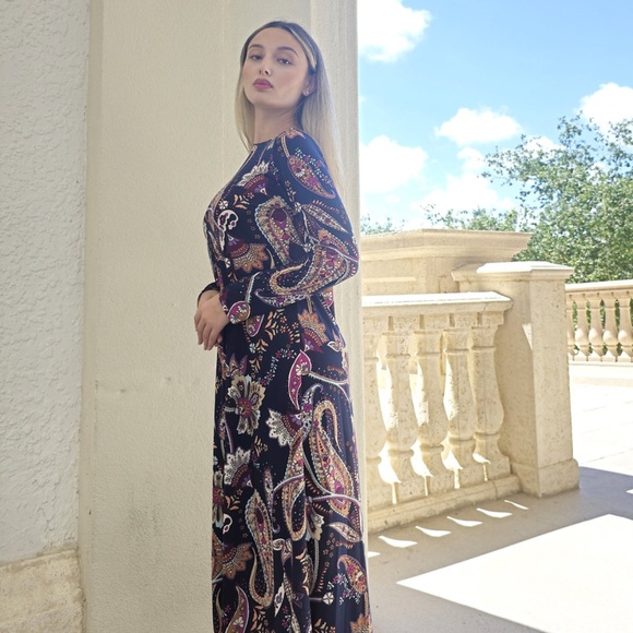 DEVORAH'S SECRET Modest Midi Dress Paisley Navy & Pink Regular&Plus Sizes - Picture 3 of 6